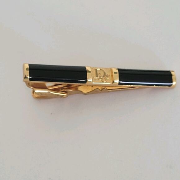 Christian Dior Tie Bar Clip Clasp Gold Black Tone Logo Vintage Designer Germany - Picture 1 of 7
